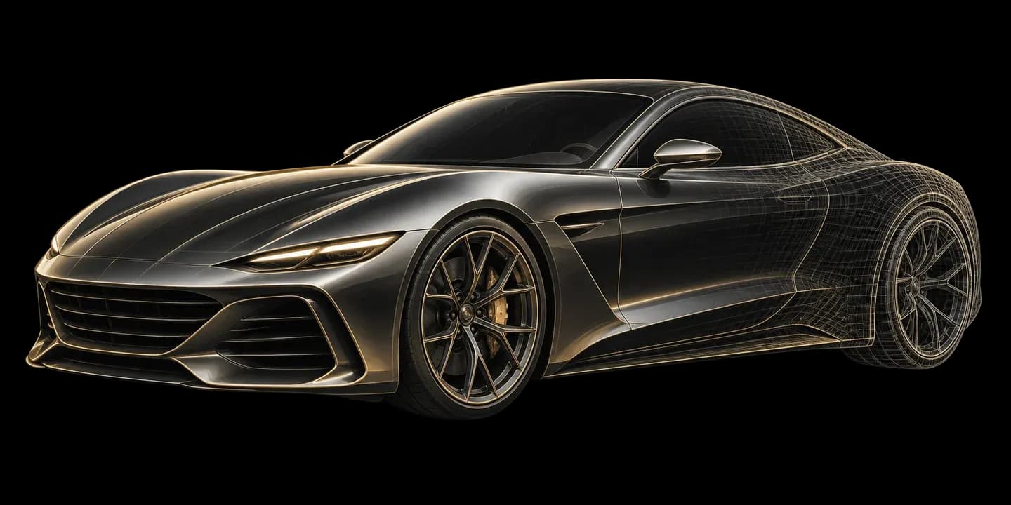 Graphite and gold sports car concept transitioning into precision wireframe
