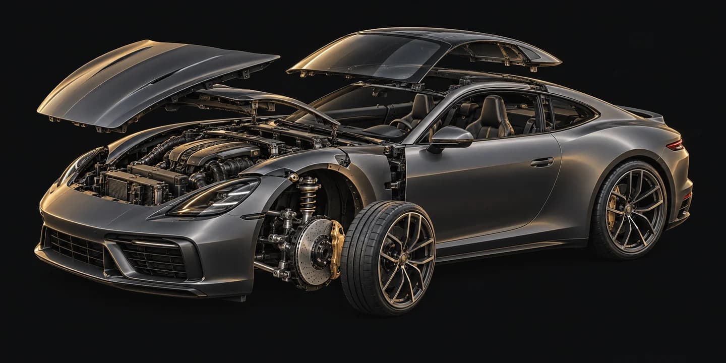 A pre-owned coupe opened up for inspection, showing engine, brakes and interior